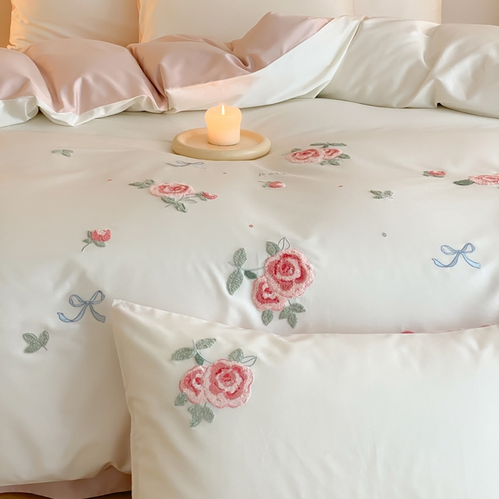 91家纺网 家纺一手货源 找家纺 云栖2025全棉刺绣纯色纯棉长绒棉四件套-乐萌系列 香馥玫瑰