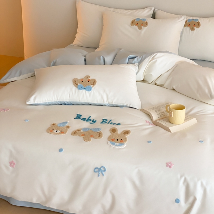 91家纺网 家纺一手货源 找家纺 云栖2025全棉刺绣纯色纯棉长绒棉四件套-乐萌系列 小象蓝蓝