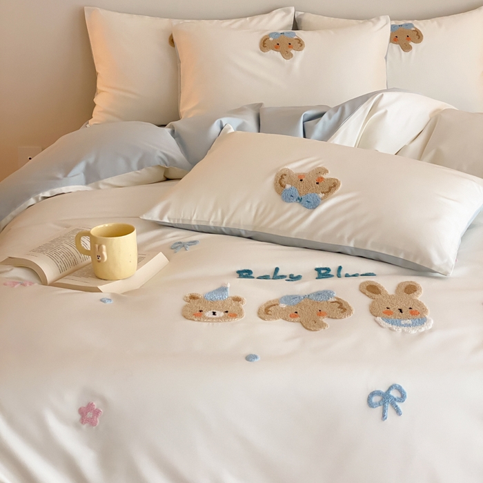 91家纺网 家纺一手货源 找家纺 云栖2025全棉刺绣纯色纯棉长绒棉四件套-乐萌系列 小象蓝蓝