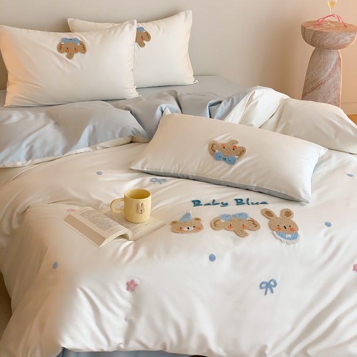 91家纺网 家纺一手货源 找家纺 云栖2025全棉刺绣纯色纯棉长绒棉四件套-乐萌系列 小象蓝蓝