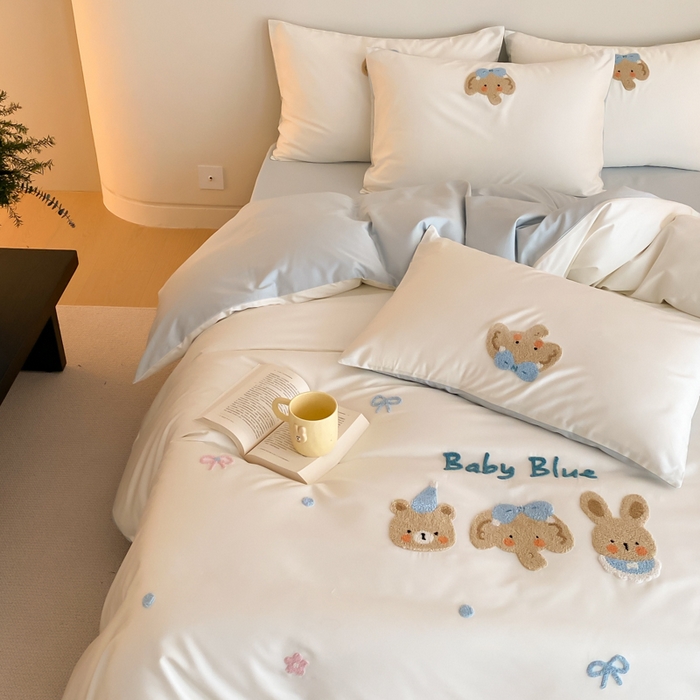 91家纺网 家纺一手货源 找家纺 云栖2025全棉刺绣纯色纯棉长绒棉四件套-乐萌系列 小象蓝蓝