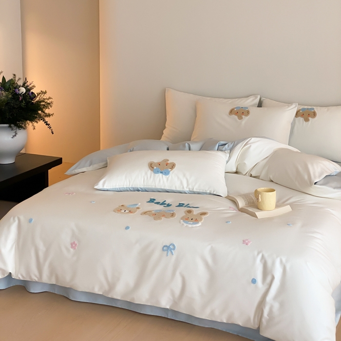 91家纺网 家纺一手货源 找家纺 云栖2025全棉刺绣纯色纯棉长绒棉四件套-乐萌系列 小象蓝蓝