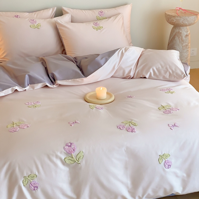 91家纺网 家纺一手货源 找家纺 云栖2025全棉刺绣纯色纯棉长绒棉四件套-乐萌系列 紫色郁金香