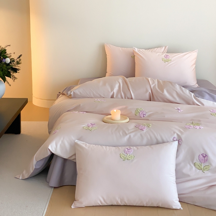 云栖2025全棉刺绣纯色纯棉长绒棉四件套-乐萌系列 紫色郁金香