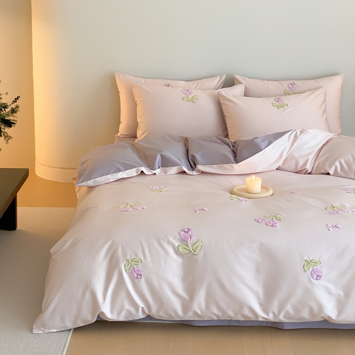 91家纺网 家纺一手货源 找家纺 云栖2025全棉刺绣纯色纯棉长绒棉四件套-乐萌系列 紫色郁金香