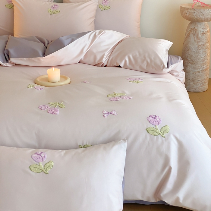 91家纺网 家纺一手货源 找家纺 云栖2025全棉刺绣纯色纯棉长绒棉四件套-乐萌系列 紫色郁金香