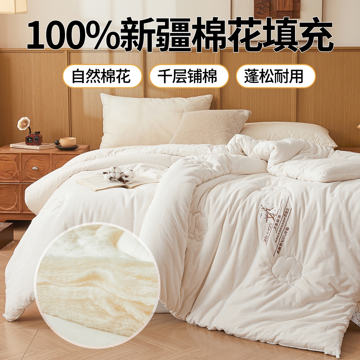 91家纺网 家纺一手货源 找家纺 西域种棉人·千百笠 2025新款A类填充100%棉新疆棉花被子毛巾绣贴布绣冬被棉被全棉冬季加厚保暖纯棉花被芯  梦屿白