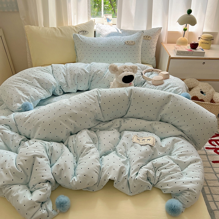 91家纺网 家纺一手货源 找家纺 （总）桃心家居 2025新款A类ins云柔水洗棉织标混搭蝴蝶结毛球少女奶呼呼仙气四件套系列