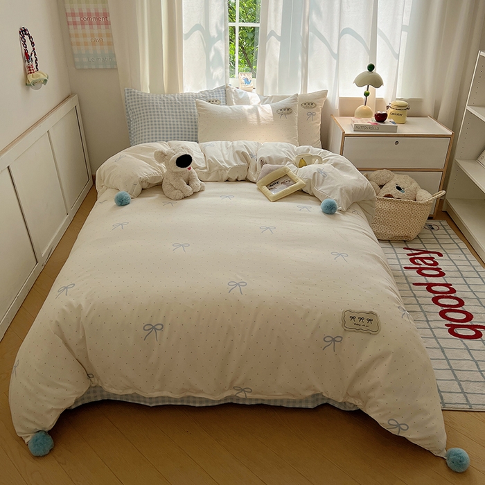 91家纺网 家纺一手货源 找家纺 （总）桃心家居 2025新款A类ins云柔水洗棉织标混搭蝴蝶结毛球少女奶呼呼仙气四件套系列