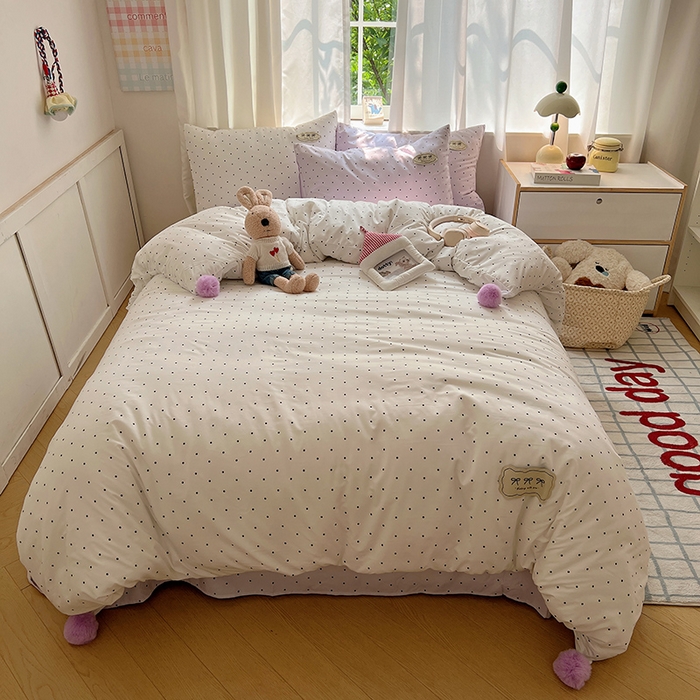 91家纺网 家纺一手货源 找家纺 （总）桃心家居 2025新款A类ins云柔水洗棉织标混搭蝴蝶结毛球少女奶呼呼仙气四件套系列