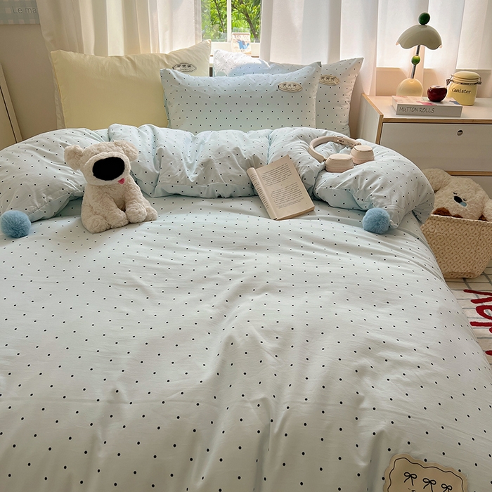 91家纺网 家纺一手货源 找家纺 桃心家居 2025新款A类ins云柔水洗棉织标混搭蝴蝶结毛球少女奶呼呼仙气四件套系列 水洗棉毛球-蝴蝶结薄荷布丁