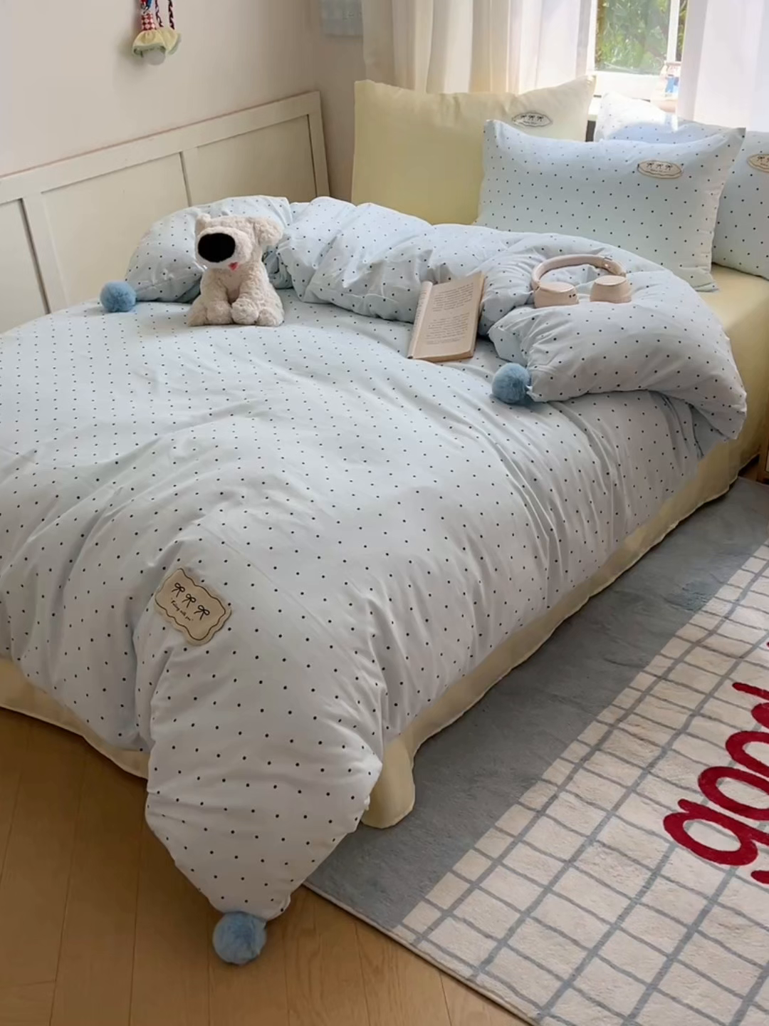 91家纺网 家纺一手货源 找家纺 桃心家居 2025新款A类ins云柔水洗棉织标混搭蝴蝶结毛球少女奶呼呼仙气四件套系列 水洗棉毛球-蝴蝶结薄荷布丁