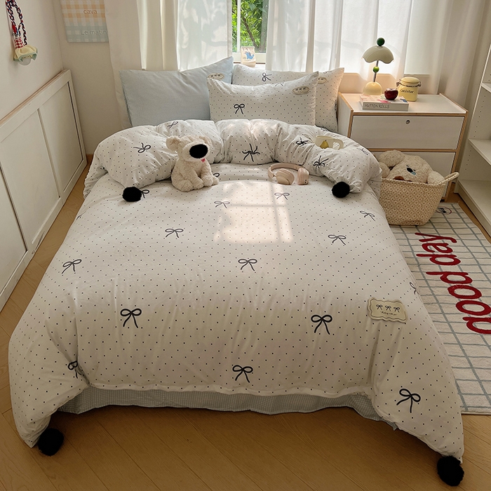 桃心家居 2025新款A类ins云柔水洗棉织标混搭蝴蝶结毛球少女奶呼呼仙气四件套系列 水洗棉毛球-蝴蝶结可可小姐