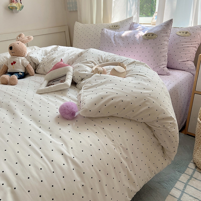 91家纺网 家纺一手货源 找家纺 桃心家居 2025新款A类ins云柔水洗棉织标混搭蝴蝶结毛球少女奶呼呼仙气四件套系列 水洗棉毛球-蝴蝶结芋泥波点