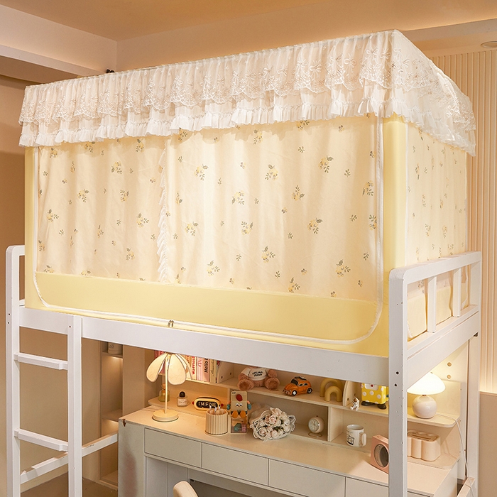 91家纺网 家纺一手货源 找家纺 富莱星蚊帐 2025新款无涂层温和植绒强遮光学生蚊帐-浅语 浅语-米黄