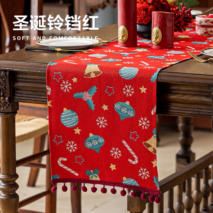 大梧2025新款圣诞绒球-桌旗 圣诞铃铛红