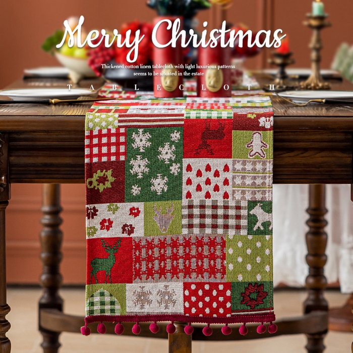 91家纺网 家纺一手货源 找家纺 大梧2025新款圣诞绒球-桌旗 圣诞拼布