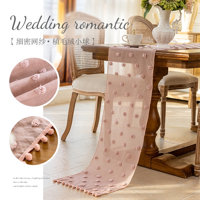 91家纺网 家纺一手货源 找家纺 大梧2025新款球球纱桌旗 球球纱-粉