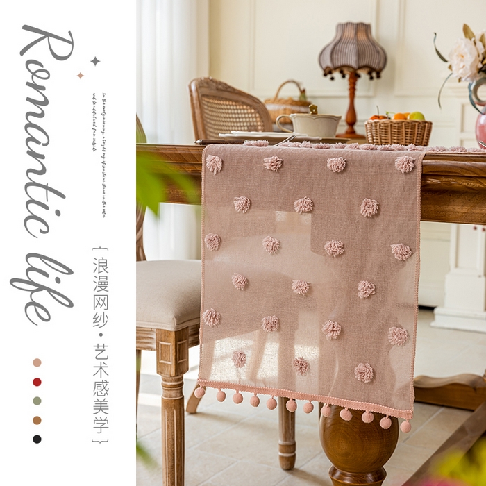 91家纺网 家纺一手货源 找家纺 大梧2025新款球球纱桌旗 球球纱-粉