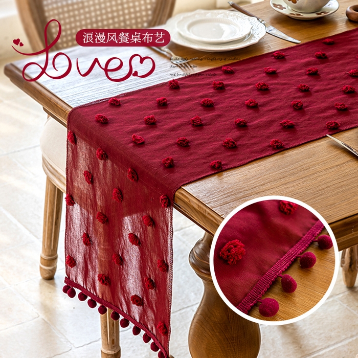 91家纺网 家纺一手货源 找家纺 大梧2025新款球球纱桌旗 球球纱-红