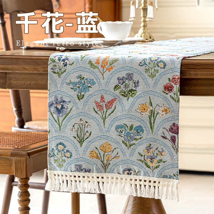 91家纺网 家纺一手货源 找家纺 大梧2025新款千花桌旗 千花-蓝