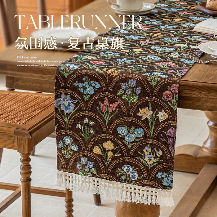 91家纺网 家纺一手货源 找家纺 大梧2025新款千花桌旗 千花-咖