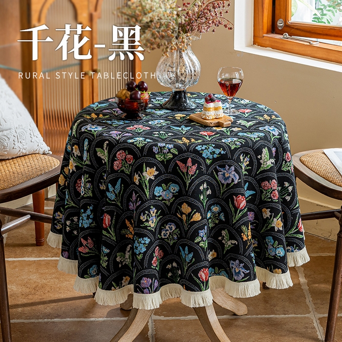 91家纺网 家纺一手货源 找家纺 大梧2025新款千花桌布 千花-黑（圆桌）