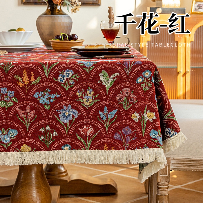 91家纺网 家纺一手货源 找家纺 大梧2025新款千花桌布 千花-红（方桌）