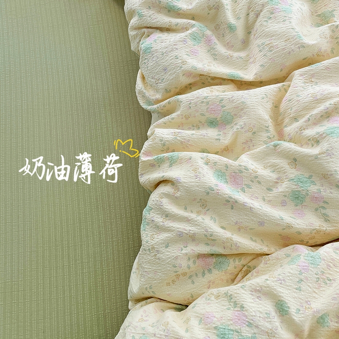 91家纺网 家纺一手货源 找家纺 梦卓家纺 2025新款超柔云感双层纱四件套 奶油薄荷