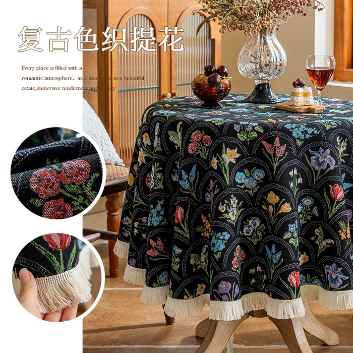 91家纺网 家纺一手货源 找家纺 大梧2025新款千花桌布 千花-黑（圆桌）
