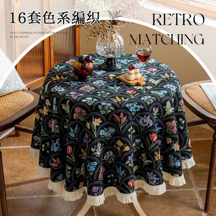 91家纺网 家纺一手货源 找家纺 大梧2025新款千花桌布 千花-黑（圆桌）