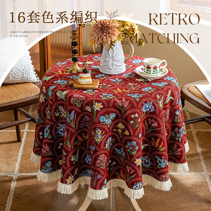 91家纺网 家纺一手货源 找家纺 大梧2025新款千花桌布 千花-红（圆桌）