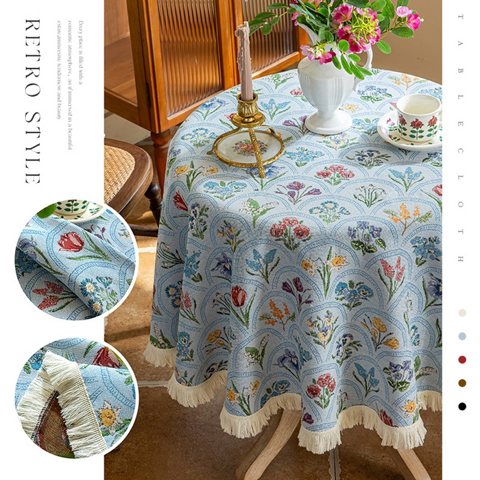 91家纺网 家纺一手货源 找家纺 大梧2025新款千花桌布 千花-蓝（圆桌）