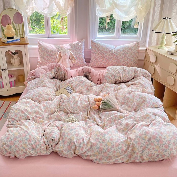 91家纺网 家纺一手货源 找家纺 梦卓家纺 2025新款超柔云感双层纱四件套 半夏花语