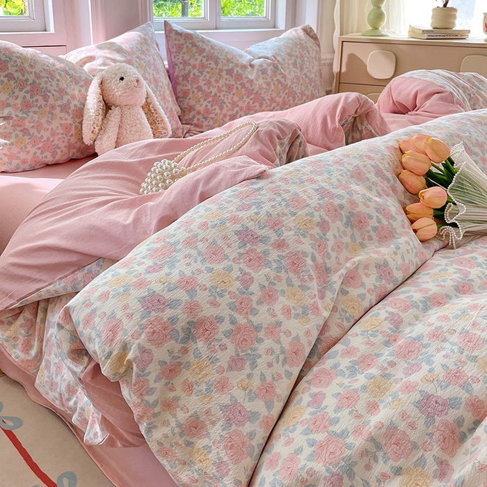 91家纺网 家纺一手货源 找家纺 梦卓家纺 2025新款超柔云感双层纱四件套 半夏花语