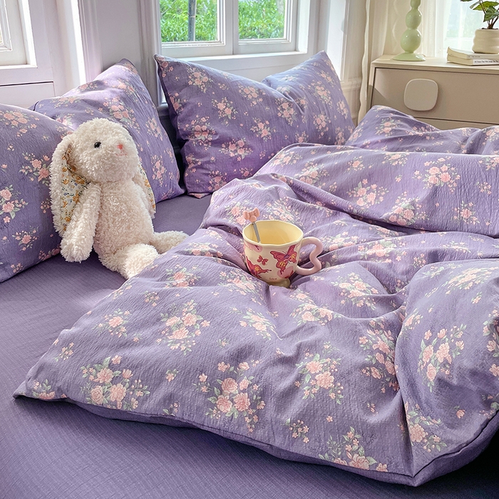 91家纺网 家纺一手货源 找家纺 梦卓家纺 2025新款超柔云感双层纱四件套 风信紫