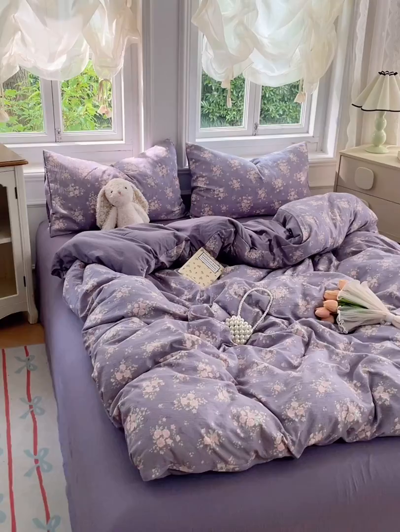 91家纺网 家纺一手货源 找家纺 梦卓家纺 2025新款超柔云感双层纱四件套 风信紫