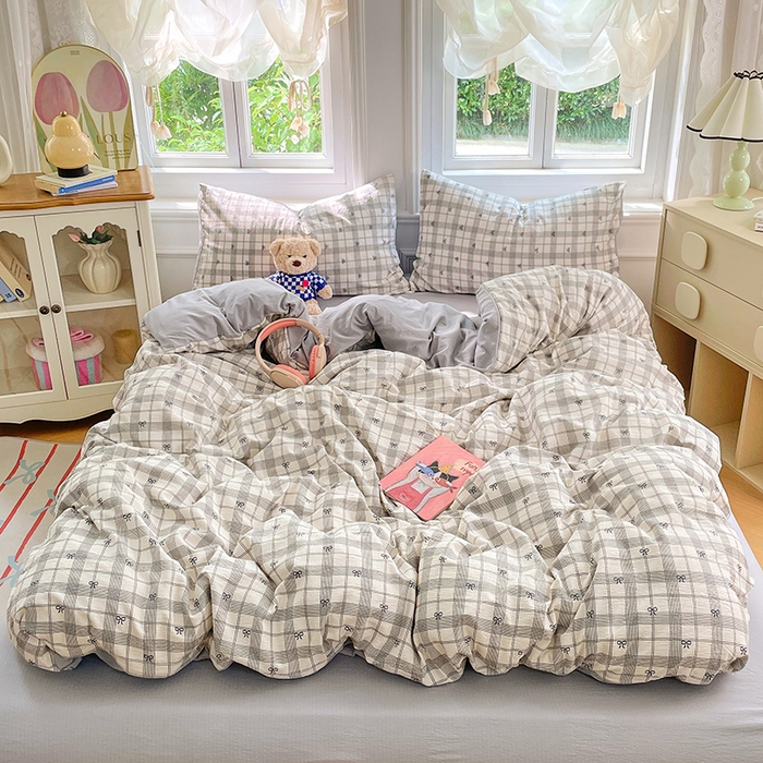 91家纺网 家纺一手货源 找家纺 梦卓家纺 2025新款超柔云感双层纱四件套 格纹蝴蝶结