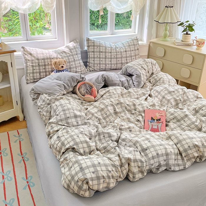 91家纺网 家纺一手货源 找家纺 梦卓家纺 2025新款超柔云感双层纱四件套 格纹蝴蝶结