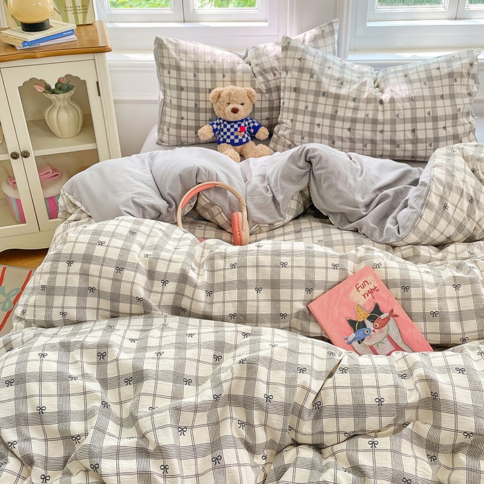 91家纺网 家纺一手货源 找家纺 梦卓家纺 2025新款超柔云感双层纱四件套 格纹蝴蝶结