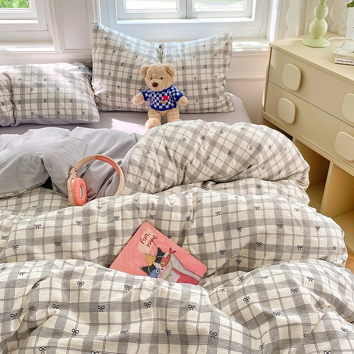 91家纺网 家纺一手货源 找家纺 梦卓家纺 2025新款超柔云感双层纱四件套 格纹蝴蝶结