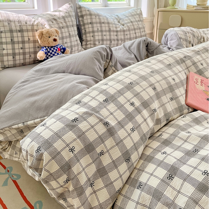 91家纺网 家纺一手货源 找家纺 梦卓家纺 2025新款超柔云感双层纱四件套 格纹蝴蝶结