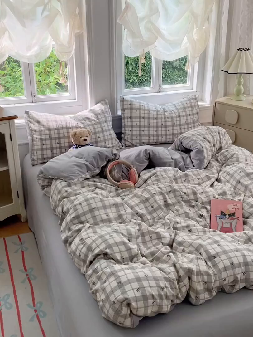 91家纺网 家纺一手货源 找家纺 梦卓家纺 2025新款超柔云感双层纱四件套 格纹蝴蝶结