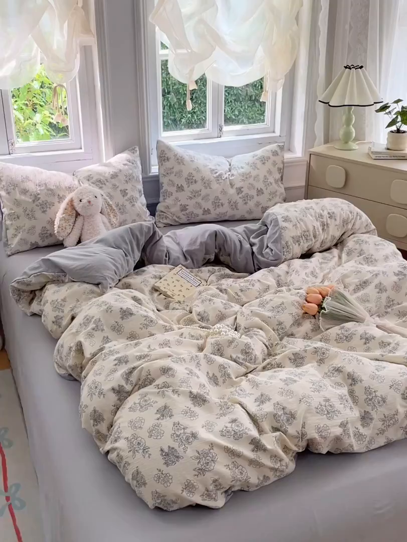 91家纺网 家纺一手货源 找家纺 梦卓家纺 2025新款超柔云感双层纱四件套 海棠听风