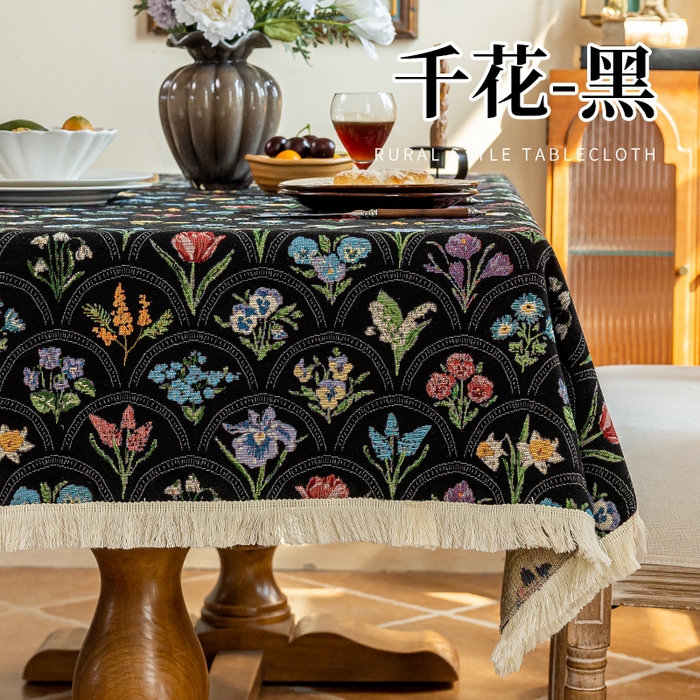 91家纺网 家纺一手货源 找家纺 大梧2025新款千花桌布 千花-黑（方桌）