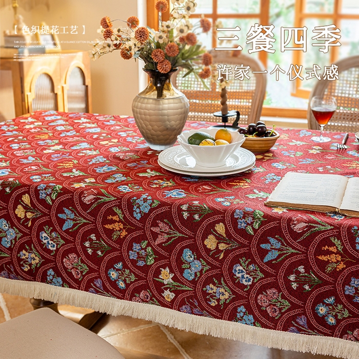 91家纺网 家纺一手货源 找家纺 大梧2025新款千花桌布 千花-红（方桌）