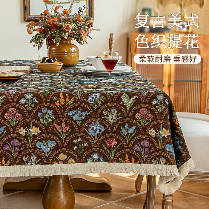 91家纺网 家纺一手货源 找家纺 大梧2025新款千花桌布 千花-咖（方桌）