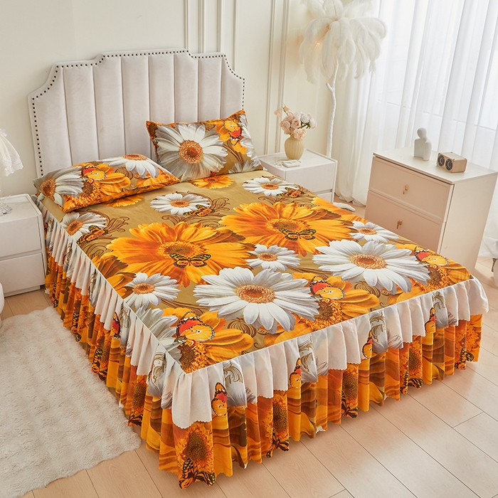 91家纺网 家纺一手货源 找家纺 艾裙海2025新款印花床裙三件套 -可跨境 碟舞葵花