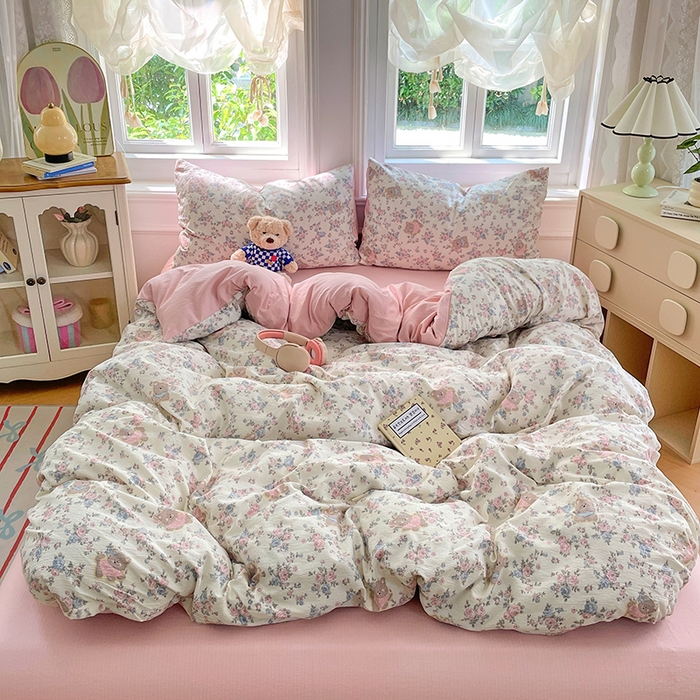 91家纺网 家纺一手货源 找家纺 梦卓家纺 2025新款超柔云感双层纱四件套 花间小熊