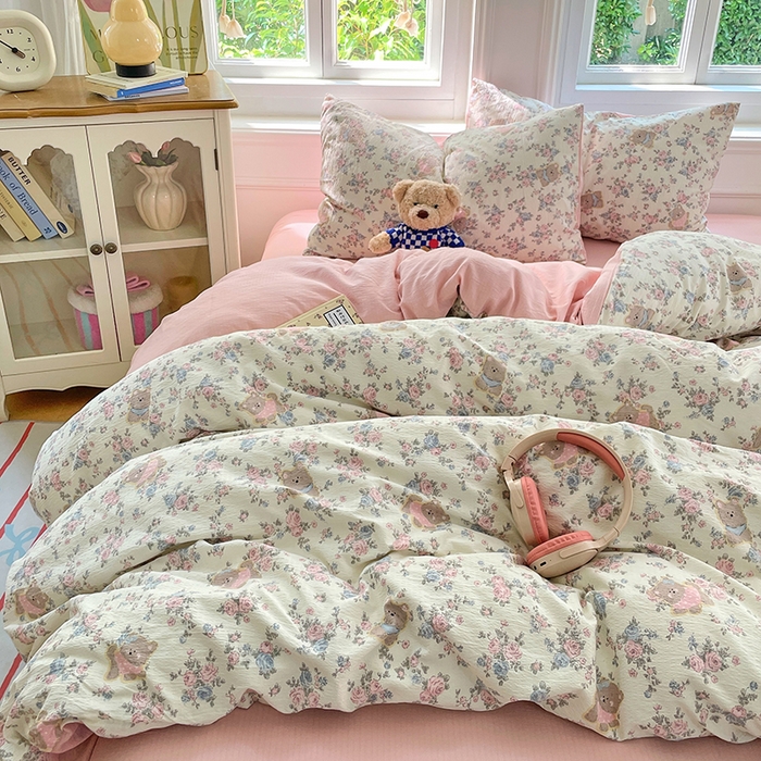 91家纺网 家纺一手货源 找家纺 梦卓家纺 2025新款超柔云感双层纱四件套 花间小熊